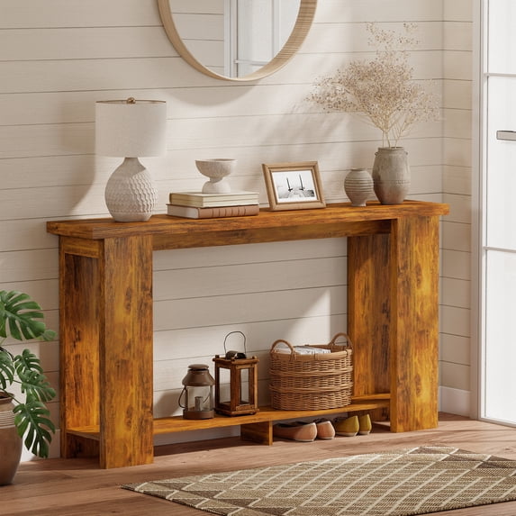 HOMCOM Farmhouse Console Table, 63" Narrow Entryway Table with Storage Shelf and Thickened Tabletop for Living Room, Hallway, Distressed Brown