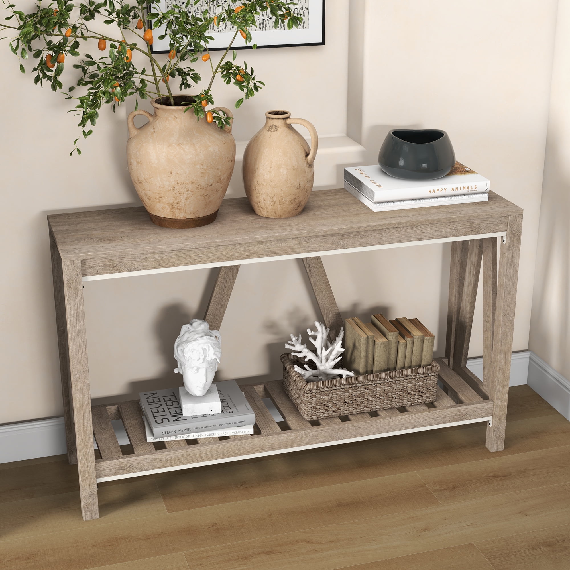 Gray Wood Farmhouse Console Table with Storage Shelf