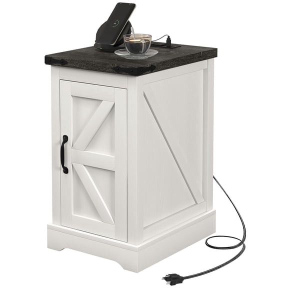 HOMCOM Farmhouse End Table with Charging Station, Distressed White Side Table with 2 AC Outlets, 2 USB Ports & Barn Door Storage for Living Room, 14.2"W x 17.3"D x 25.2"H