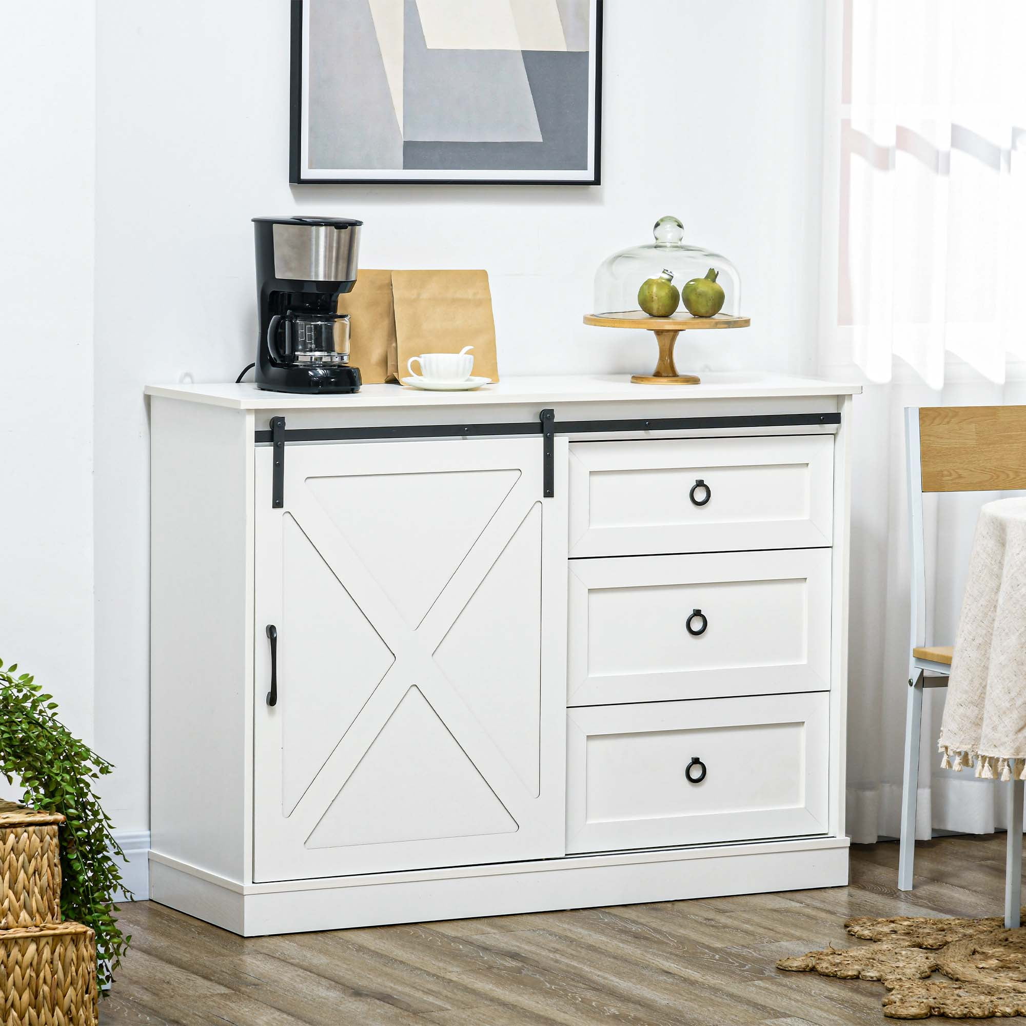 Farmhouse Chic White Kitchen Buffet Cabinet with Sliding Barn Door