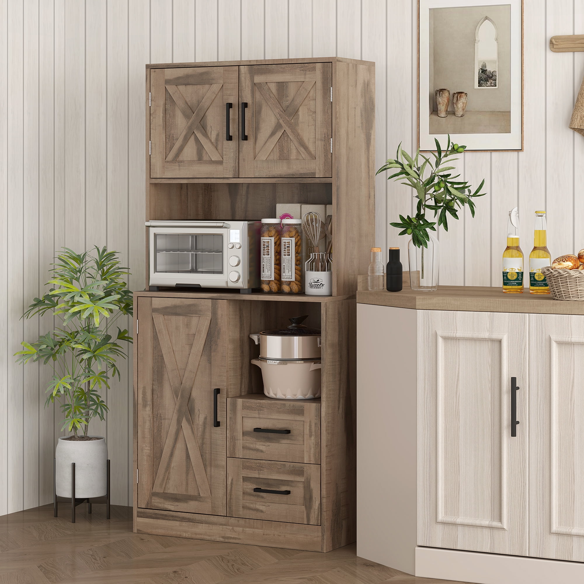 Rustic Driftwood Particle Board Kitchen Pantry Cabinet with Barn Doors