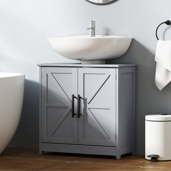 HOMCOM Farmhouse Pedestal Sink Storage Cabinet, Freestanding Bathroom Sink Cabinet with 2 Barn Doors and Adjustable Shelf, Dark Gray
