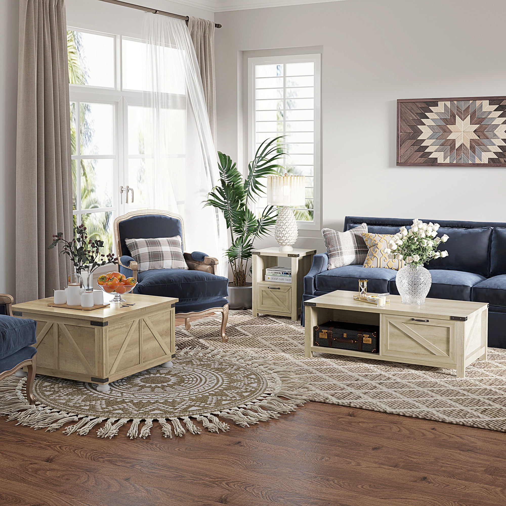 HOMCOM Farmhouse Side Table with Storage for Living Room Oak