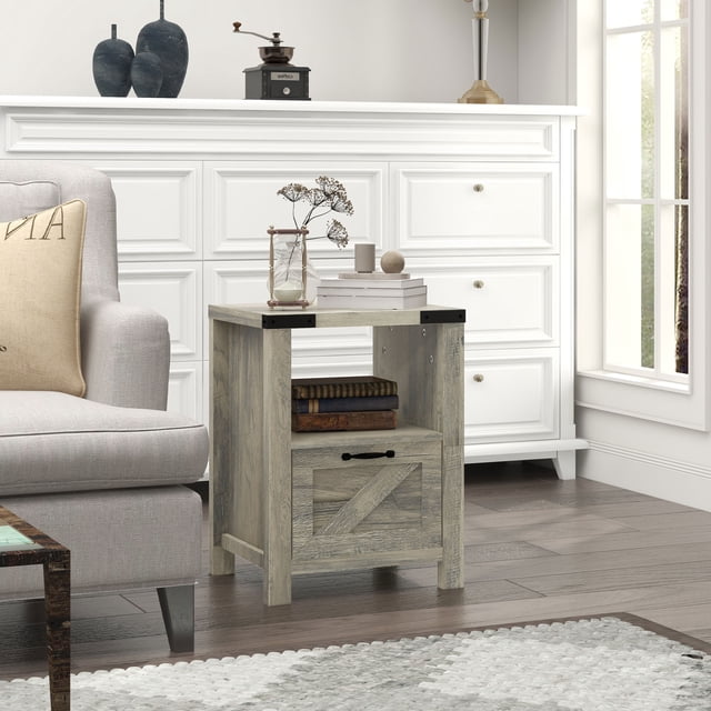 HOMCOM Small Rustic Farmhouse Style Wood End Side Table with Storage ...
