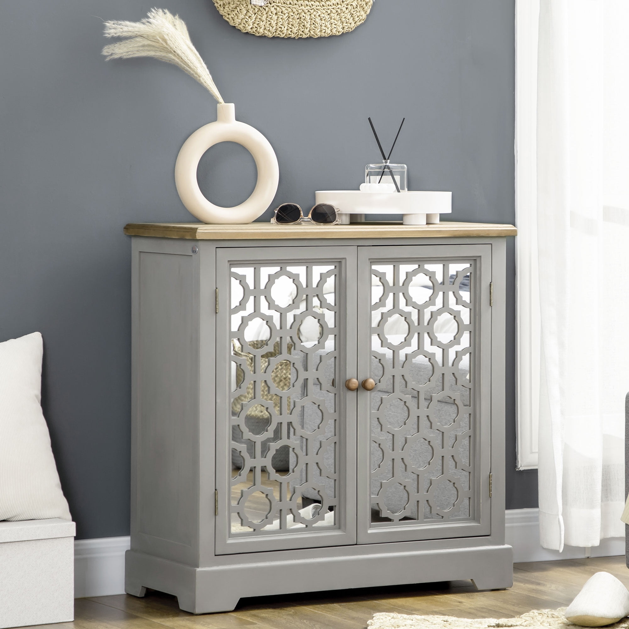 Gray Glass Door Farmhouse Sideboard Cabinet with Wood Top