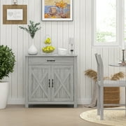 HOMCOM 32" Farmhouse Barn Door Style Sideboard, Buffet Cabinet, Coffee Bar for Kitchen, Living Room or Entryway, Stone Gray