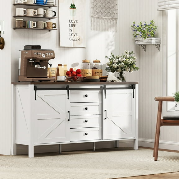 HOMCOM Farmhouse Sideboard Buffet Cabinet with Sliding Barn Doors White