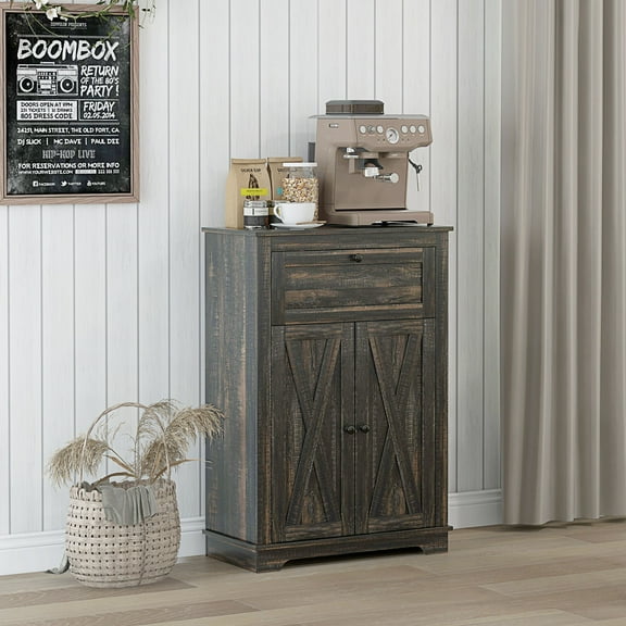 HOMCOM Farmhouse Storage Cabinet, Sideboard with Double Doors, Drawer, and Adjustable Shelf for Kitchen, Bedroom, Living Room, Dark Brown