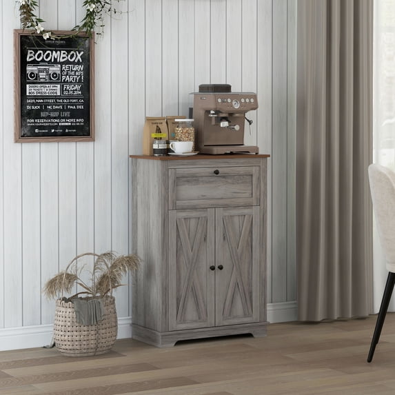 HOMCOM Farmhouse Storage Cabinet, Sideboard with Double Doors, Drawer, and Adjustable Shelf for Kitchen, Bedroom, Living Room, Gray