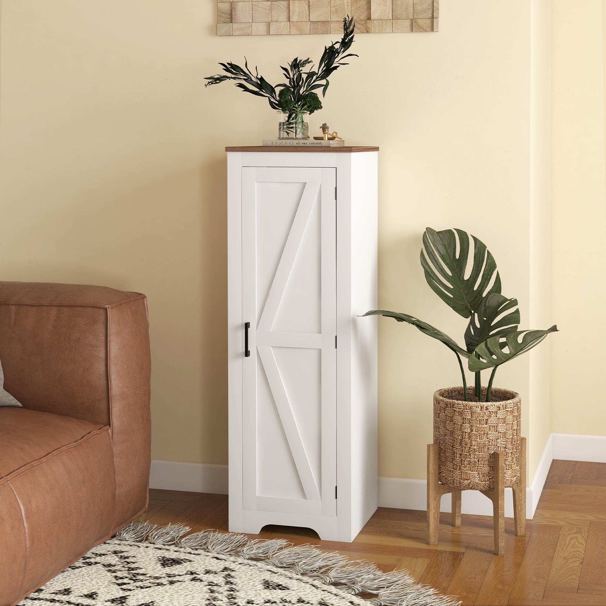 HOMCOM Farmhouse Storage Cabinet with Adjustable Shelf, Single Barn Door Accent Cabinet for Living Room, Floor Pantry Cabinet, White