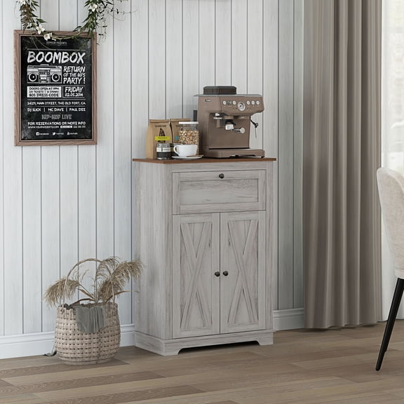 HOMCOM Farmhouse Storage Cabinet with Drawer and Doors, Light Gray