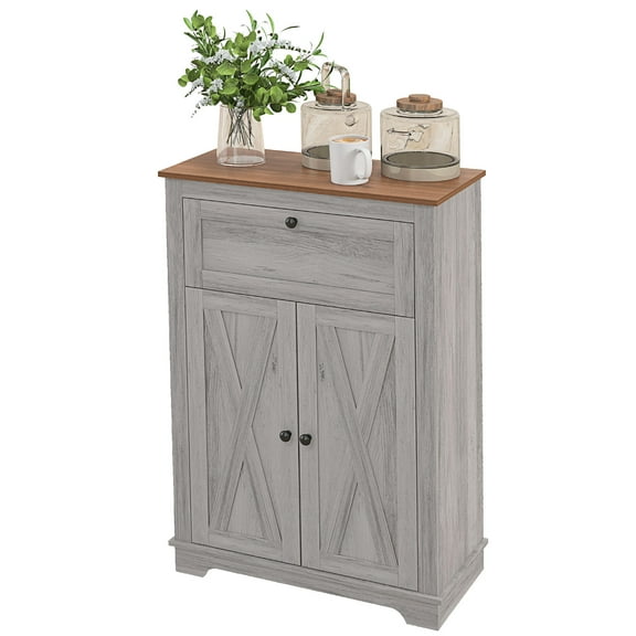 HOMCOM Farmhouse Storage Cabinet with Drawer and Doors, Light Gray