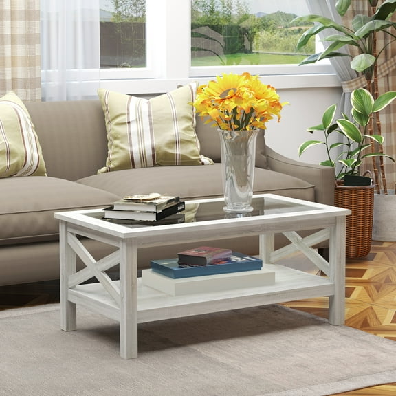 HOMCOM Farmhouse Style Coffee Table with Wood Frame, Tempered Glass Tabletop and Underneath Storage Shelf, Side Table for Living Room, 39.25"x21.75", White Oak