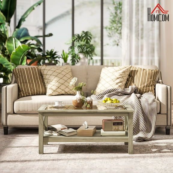 HOMCOM Farmhouse Style Coffee Table with Wood Frame, Tempered Glass Tabletop and Underneath Storage Shelf for Living Room, Gray
