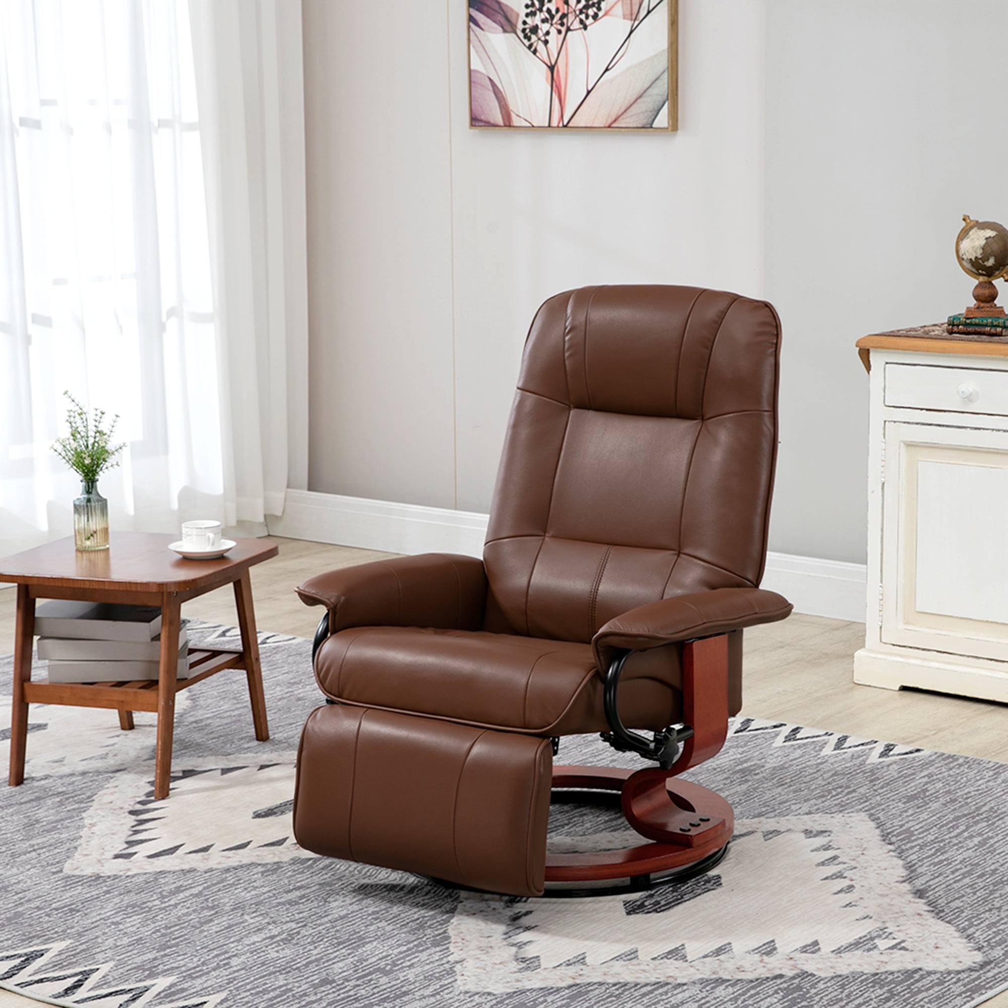 HOMCOM Faux Leather Manual Recliner Adjustable Swivel Lounge Chair with Footrest Armrest and Wrapped Wood Base for Living Room Brown