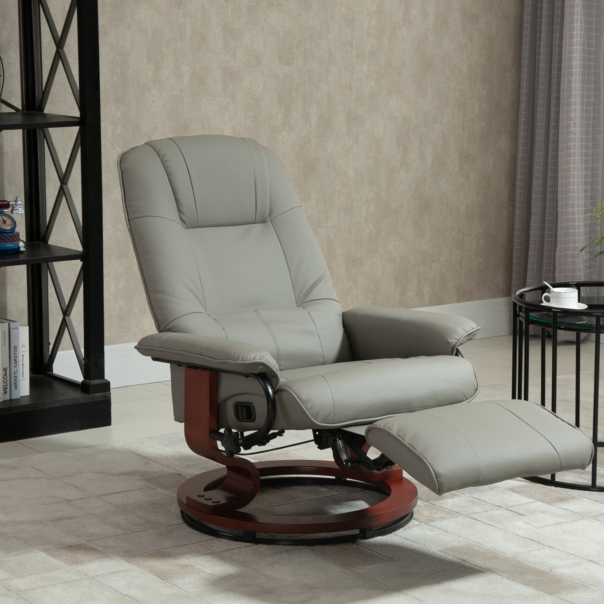 HOMCOM Faux Leather Manual Recliner Adjustable Swivel Lounge Chair with Footrest Armrest and Wrapped Wood Base for Living Room Gray