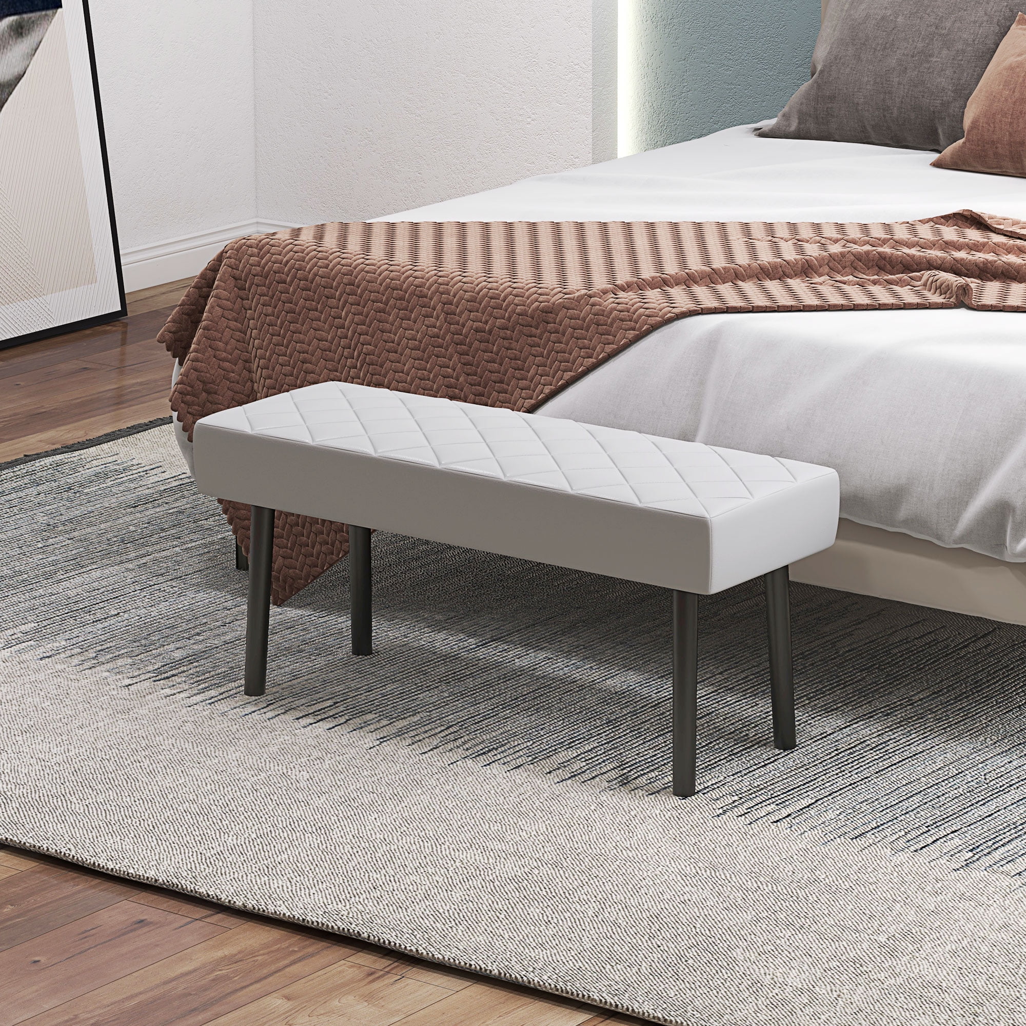 Gray Faux Leather Upholstered Ottoman Bench with Metal Legs