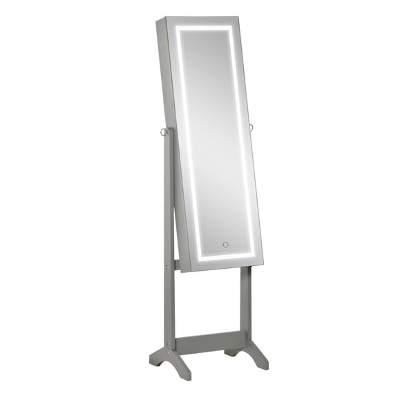 HOMCOM Floor Standing Jewelry Cabinet with LED Light, Lockable Jewelry Organizer with Full-Length Mirror, and 4 Adjustable Angles, Grey