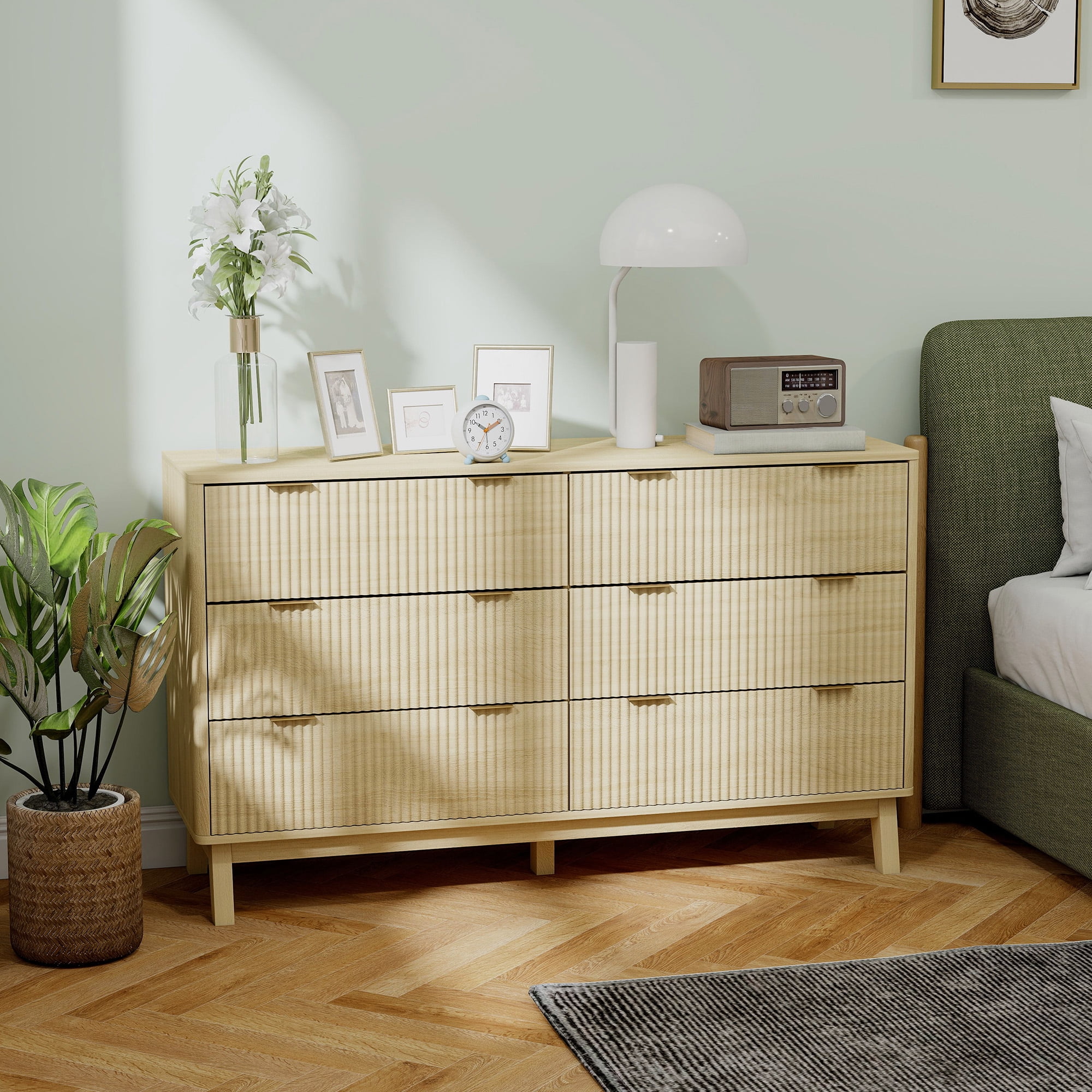 HOMCOM Fluted Dresser for Bedroom with 6 Drawers, 54" Wide Chest of Drawers with Gold Finger Pulls and 5 Wood Legs, Natural Wood