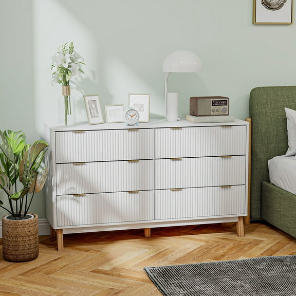 HOMCOM Fluted Dresser for Bedroom with 6 Drawers, 54" Wide Chest of Drawers with Gold Finger Pulls and 5 Wood Legs, White