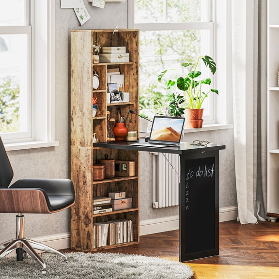 HOMCOM Fold-out Convertible Writing Table, Computer Desk Cabinet with Blackboard and Side Shelf Multi-Function Home Office Workstation, Rustic Brown