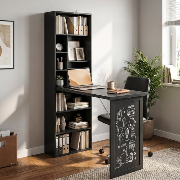 HOMCOM Fold-out Convertible Writing Table, Wall Mount Desk Cabinet with Blackboard and Side Shelf Multi-Function Home Office Workstation, Black