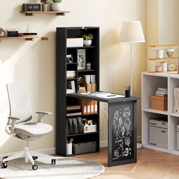 HOMCOM Fold-Out Wall Mounted Computer Desk with Storage Shelves, Convertible Folding Writing Desk Cabinet with Chalkboard, Adjustable Shelf, Space-Saving Home Office Desk, Black