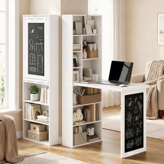 HOMCOM Fold-Out Wall Mounted Computer Desk with Storage Shelves, Convertible Folding Writing Desk Cabinet with Chalkboard, Space-Saving Home Office Desk, Adjustable Shelf, White