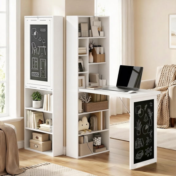 HOMCOM Fold-Out Wall Mounted Computer Desk with Storage Shelves, Convertible Folding Writing Desk Cabinet with Chalkboard, Space-Saving Home Office Desk, Adjustable Shelf, White