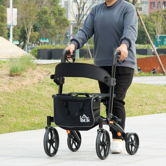 HOMCOM Folding Adjustable Aluminum Rollator Walker with 10'' Wheels Black