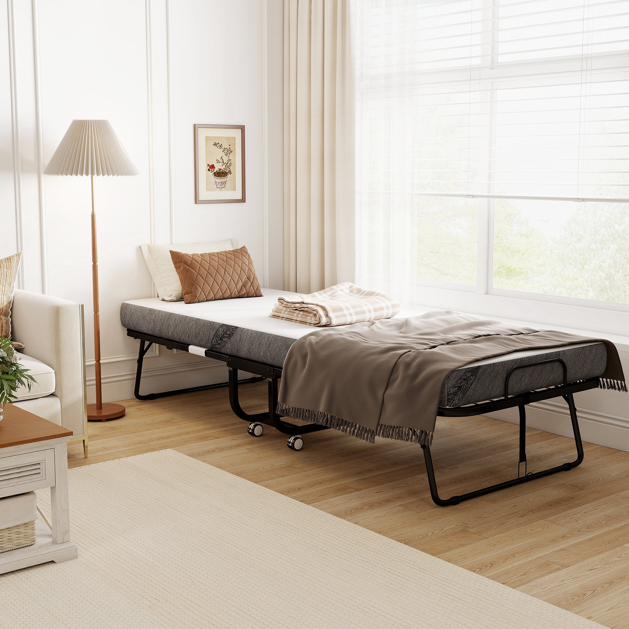 HOMCOM Folding Bed for Adults, Single Size, Portable Bed with Memory Foam Mattress & Steel Frame, Roll Away & Hideaway, White