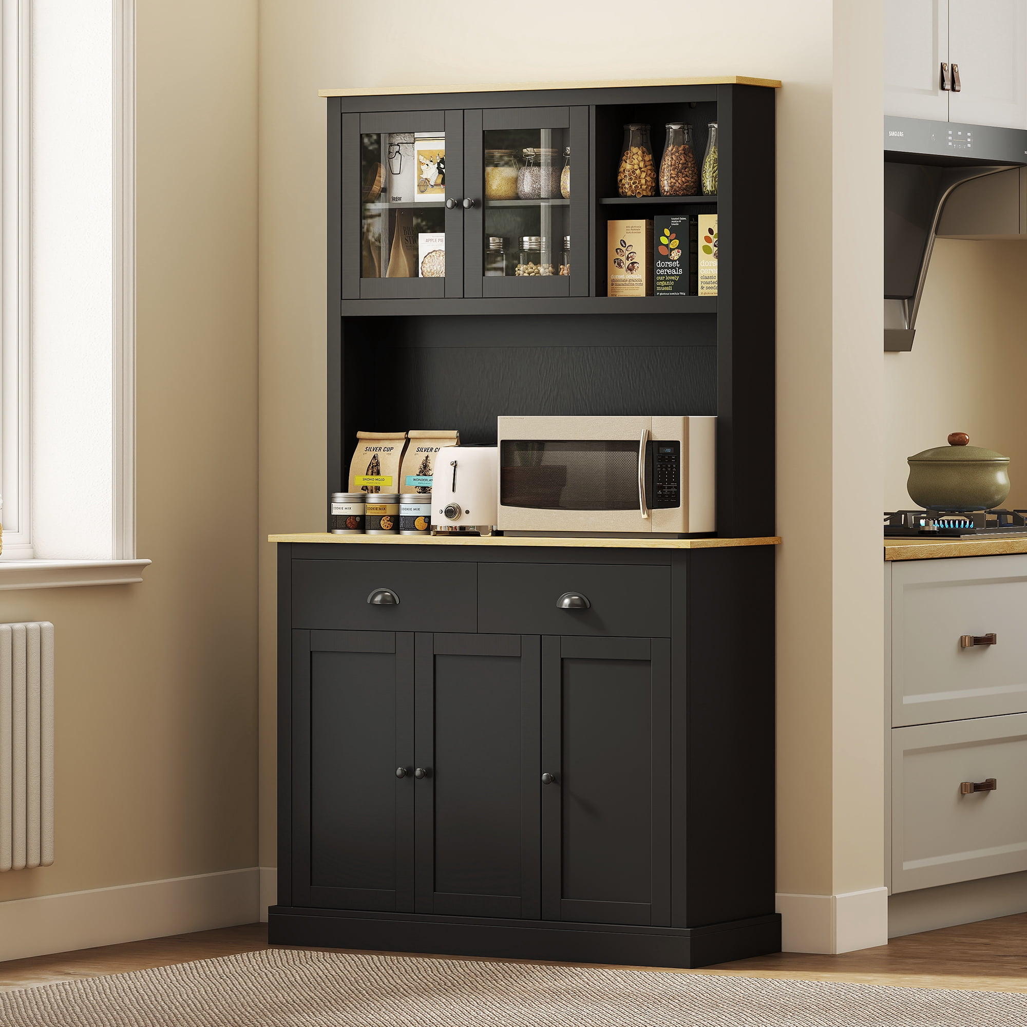 HOMCOM Freestanding Kitchen Cabinet with Wide Countertop, Tall Pantry Cabinet with Adjustable Shelves, Modern Hutch for Dining Room, Black