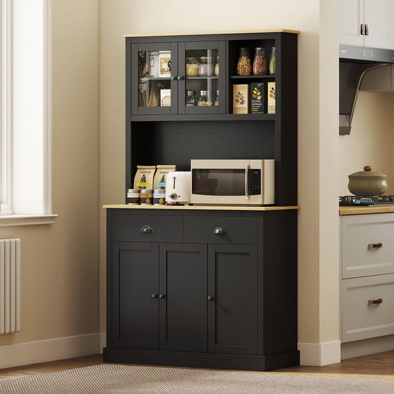 HOMCOM Freestanding Kitchen Cabinet with Wide Countertop, Tall Pantry Cabinet with Adjustable Shelves, Modern Hutch for Dining Room, Black