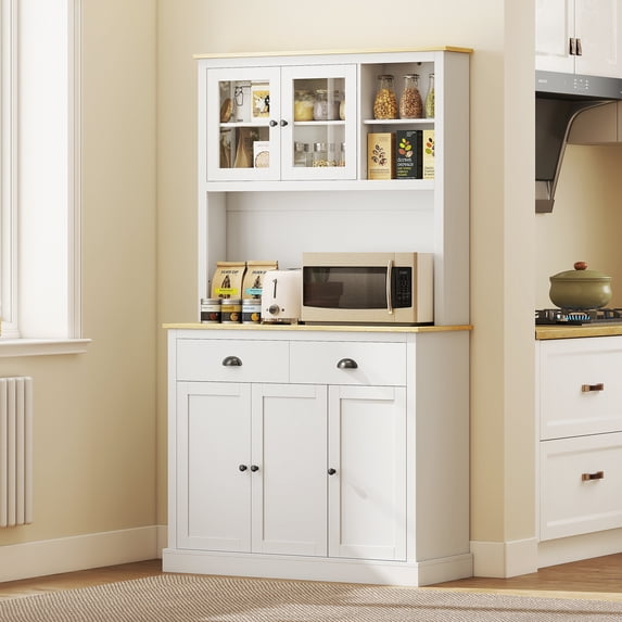 HOMCOM Freestanding Kitchen Cabinet with Wide Countertop, Tall Pantry Cabinet with Adjustable Shelves, Modern Hutch for Dining Room, White