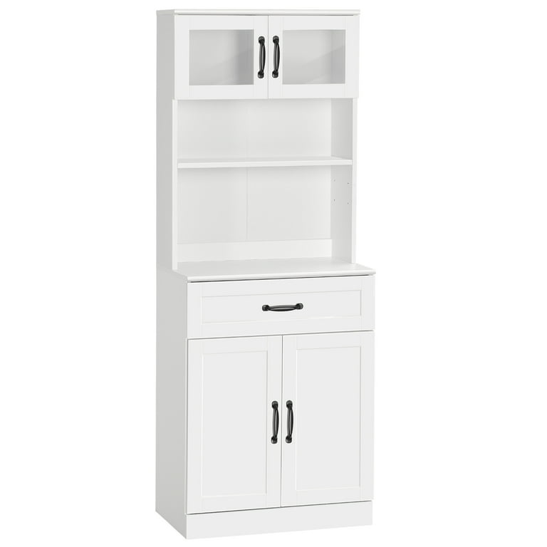 HOMCOM Freestanding Kitchen Pantry, 4-Door Buffet Cabinet with Hutch, Coffee Bar with Adjustable Shelves, White