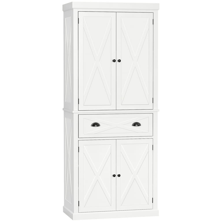 HOMCOM White Freestanding Kitchen Pantry, Farmhouse 4-Door Storage Cabinet with 4-Tiers and 2-Adjustable Shelves