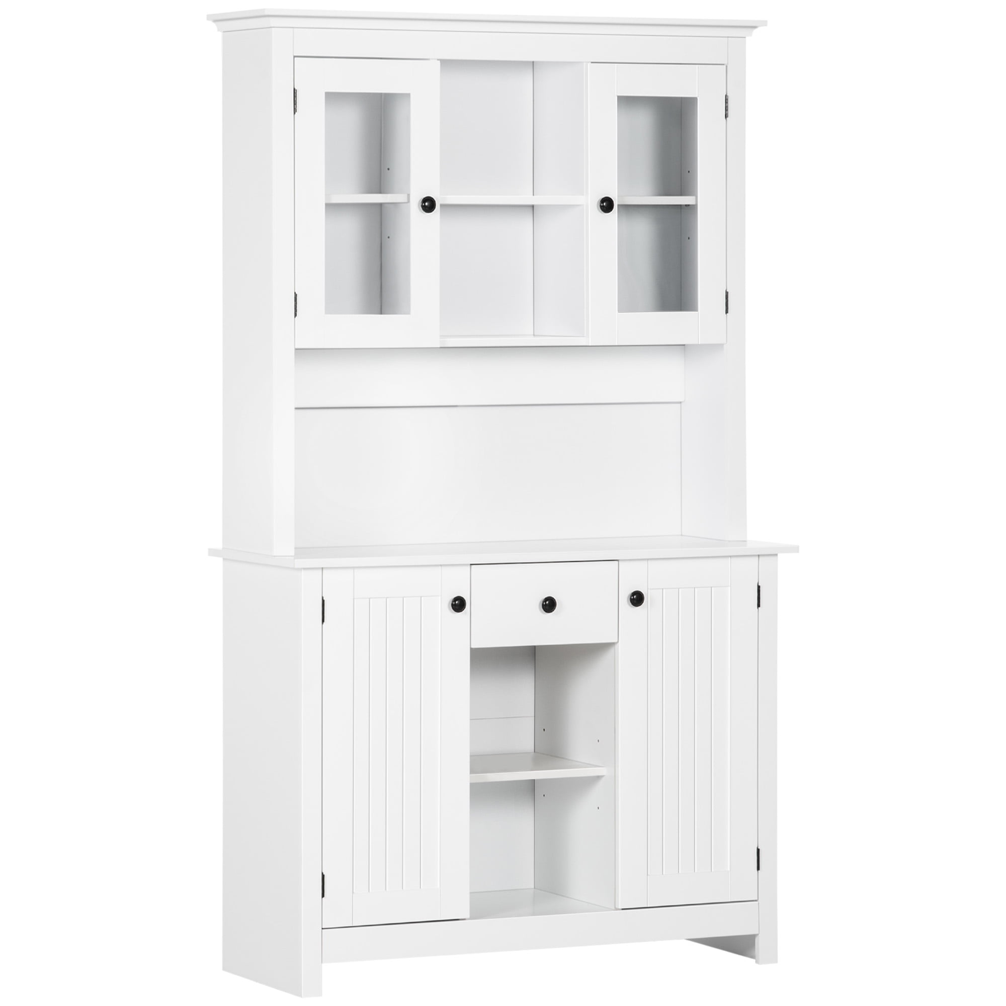 White Painted Freestanding Kitchen Buffet with Hutch and Shelves