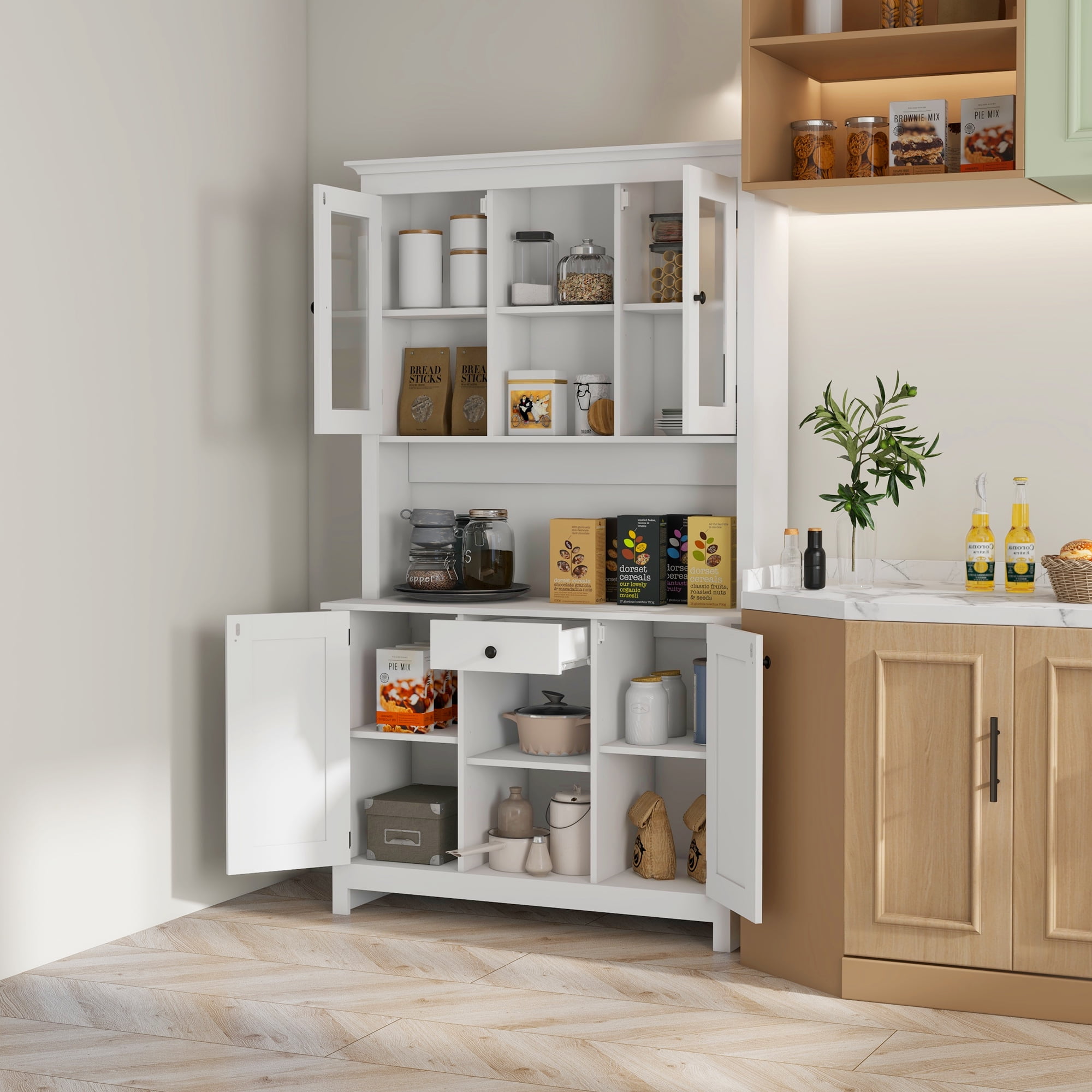 White Painted Freestanding Kitchen Buffet with Hutch and Shelves