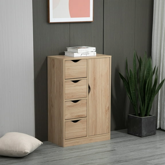 HOMCOM Freestanding Storage Cabinet, Bathroom Floor Cabinet with 4 Drawers and Door, Oak