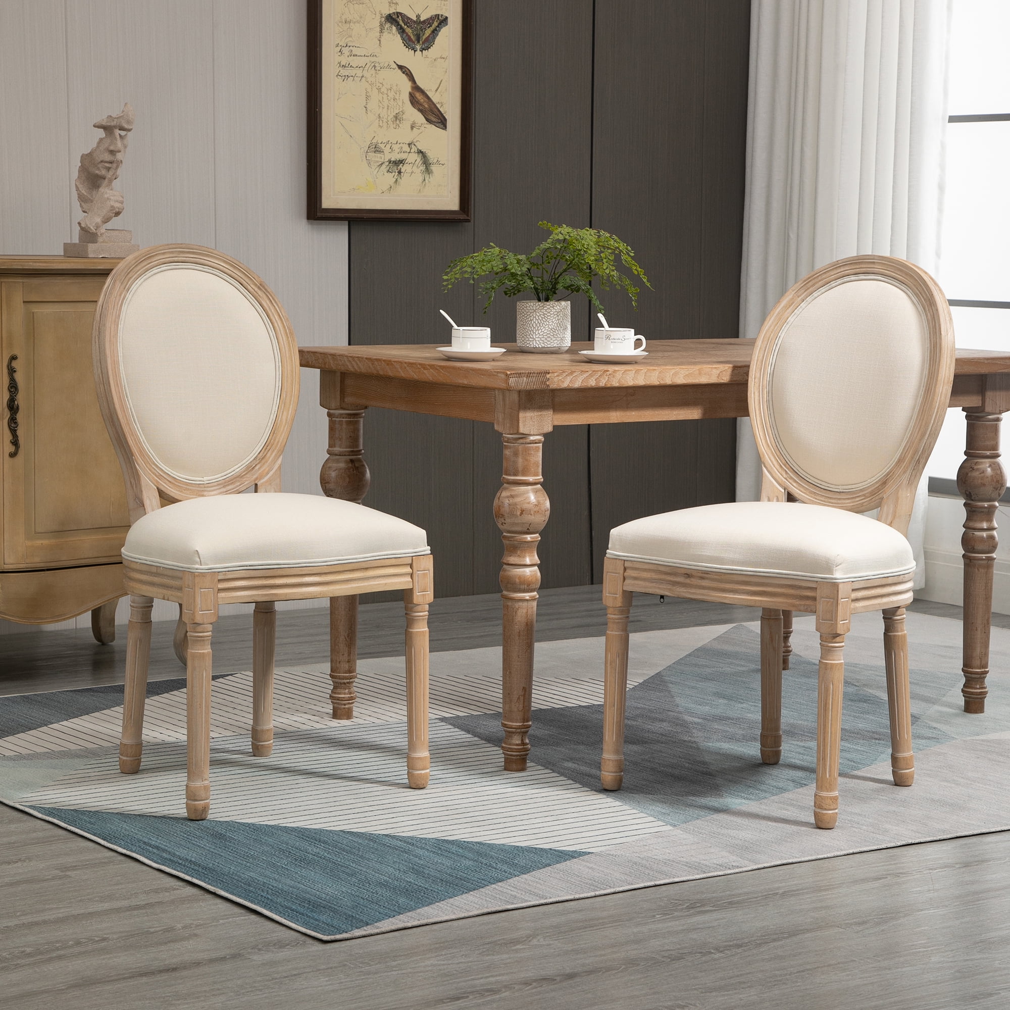 HOMCOM Set of 2 French-Style Dining Chairs, Beige Linen-Touch ...