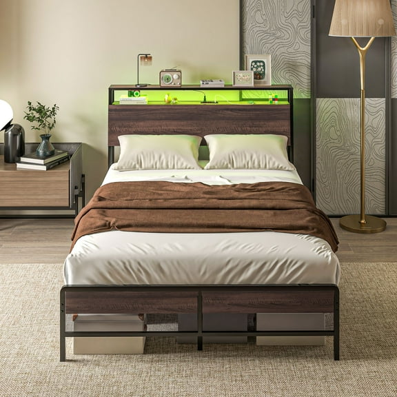 HOMCOM Full Bed Frame with Headboard, Full Size Bed Frame with Lights, Charging Station, Storage Shelf, Noise-Free & No Box Spring Needed, Walnut