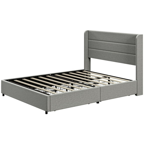 HOMCOM Full Size Bed Frame with Headboard 4 Storage Drawers, Wood Slats, Noise-Free, Light Gray