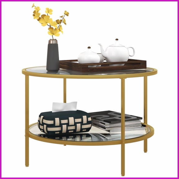 HOMCOM Gold Round Coffee Table with 2-Tier Storage, Tempered Glass & Steel Frame, Easy to Clean for Living Room