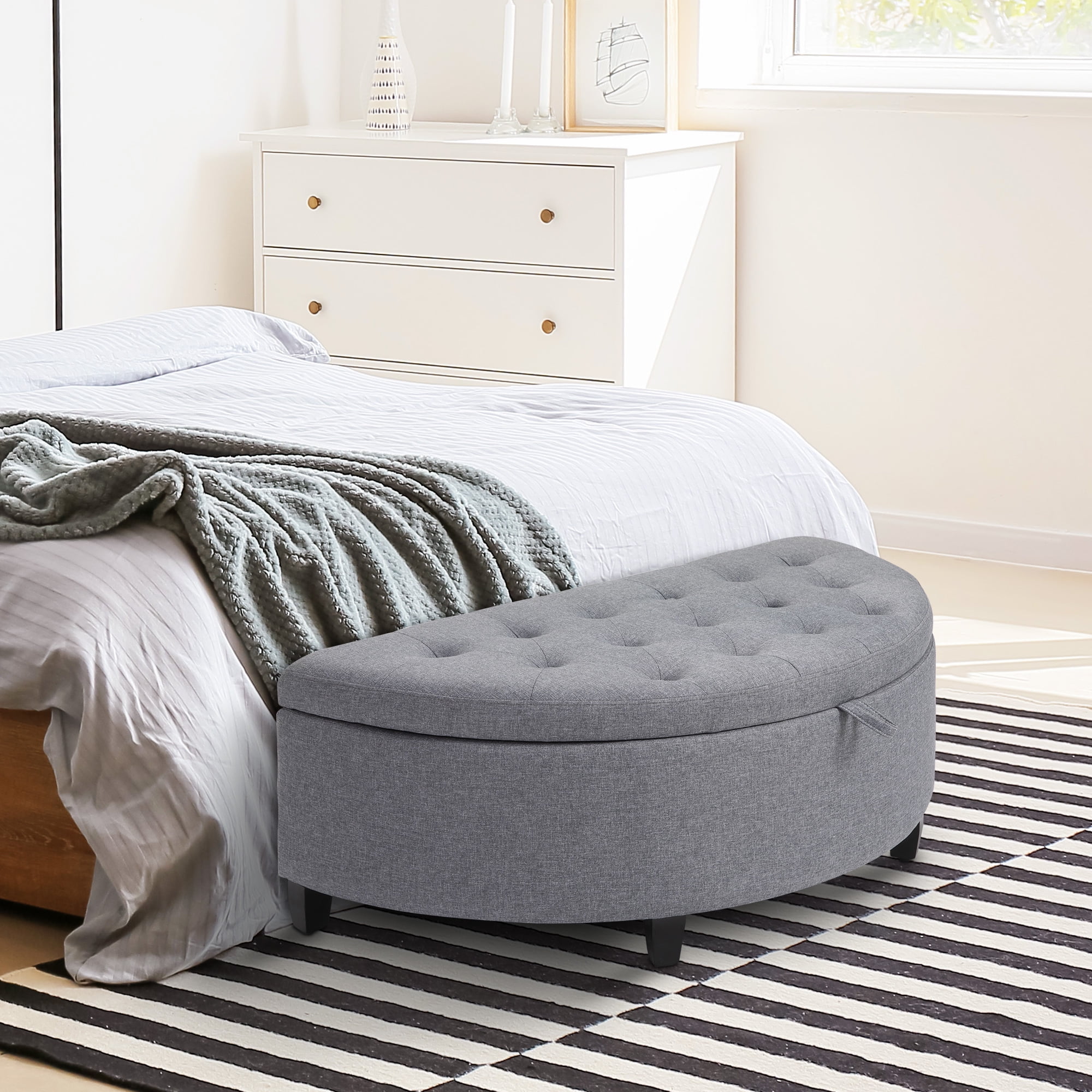 Homcom Half Moon Modern Luxurious Polyester Fabric Storage Ottoman Bench with Legs Lift Lid Thick Sponge Pad for Living Room Entryway Bedroom