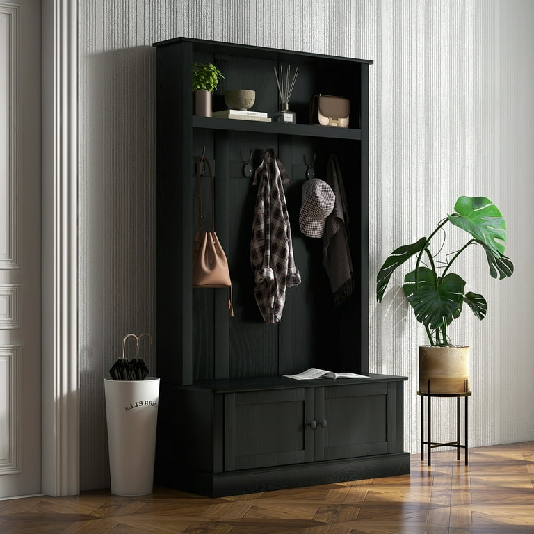 HOMCOM Hall Tree Entryway Bench w Coat Rack Shoe Cabinet Black