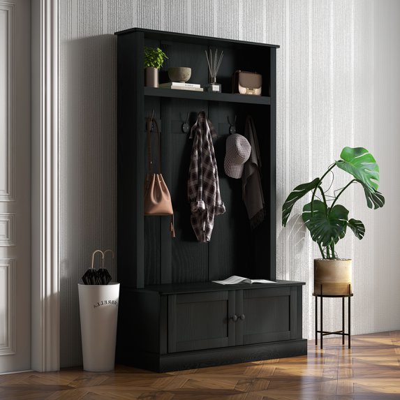 HOMCOM Hall Tree, Entryway Bench w/ Coat Rack, Shoe Cabinet, Black