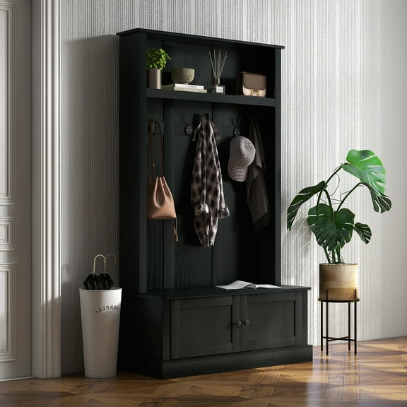 HOMCOM Hall Tree, Entryway Bench w/ Coat Rack, Shoe Cabinet, Black