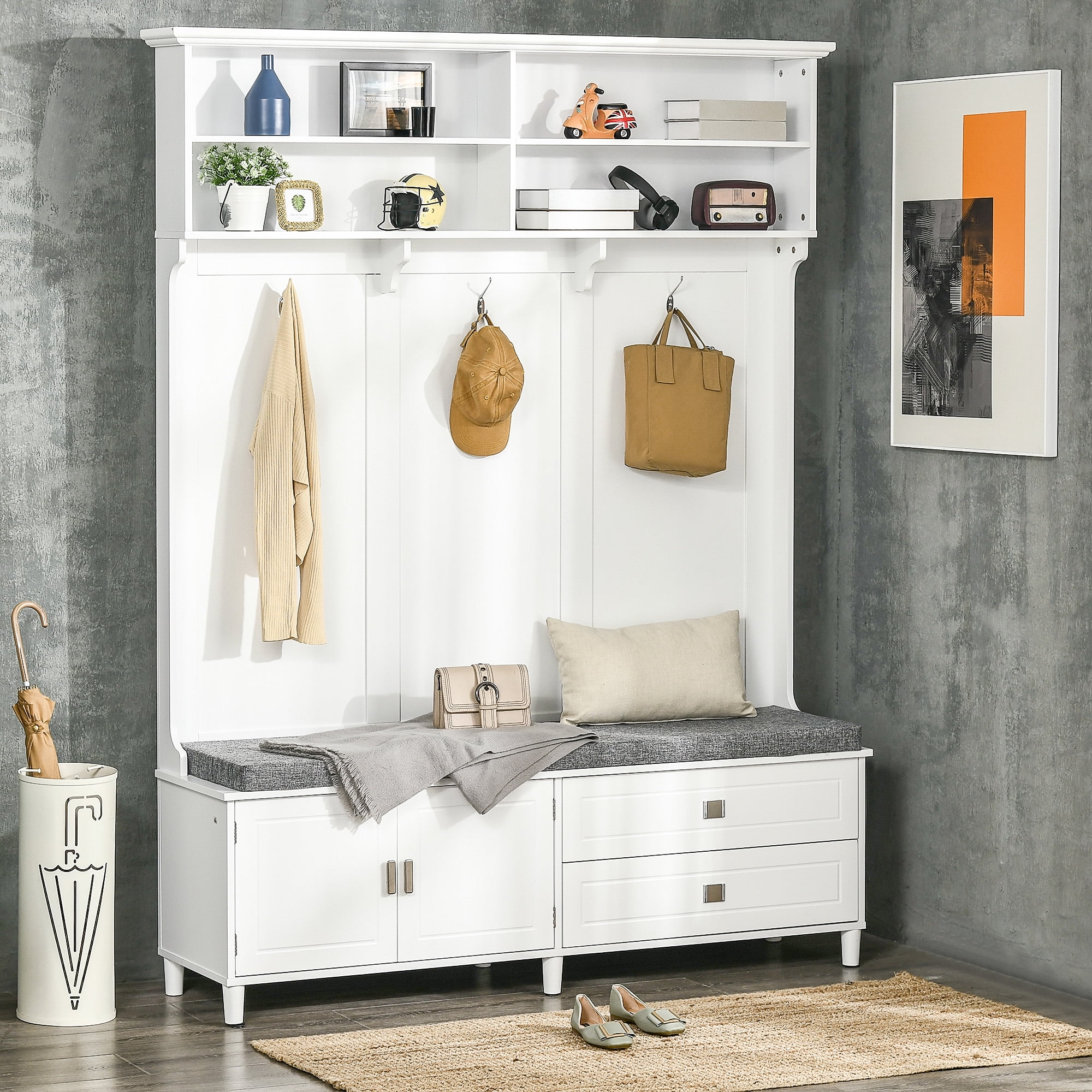 Modern White Hall Tree with Bench and Shoe Storage