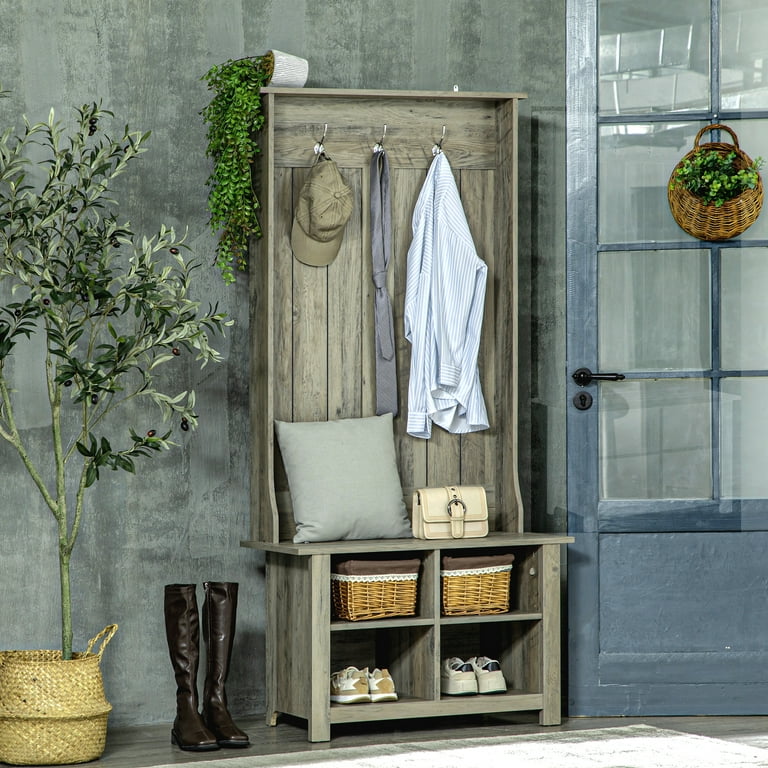 HOMCOM Modern Wooden Entryway Furniture Coat Rack with Bench Shoe Storage and Hanging Hooks Grey Walmart