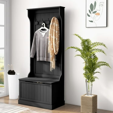 HOMCOM Hall Tree with Coat Rack, Storage, and Sitting Bench, Black